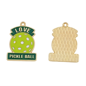 Detailed front and back view of enamel Pickleball LOVE charms with vibrant green and yellow finish