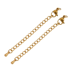 Detail of two golden stainless steel extension chains with lobster clasps and teardrop tags