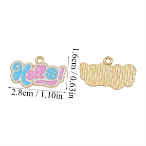Detail of Hello enamel pickleball alloy pendant showing front and back with dimensions