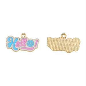 Detail of pink and blue enamel alloy 'Hello!' pendant with textured golden back