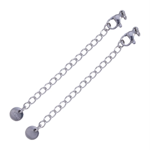 Detail of silver stainless steel extender chains with lobster clasps and S.Steel tags