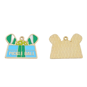 Detailed front and back view of a blue pickleball enamel pendant with golden texture