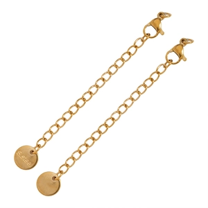Detail of 5cm gold stainless steel extension chains with lobster clasp and S.steel tag