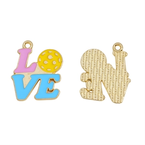 Detail of LOVE pickleball pendants with yellow ball icon for DIY jewelry making