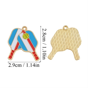 Detailed front and back view of pickleball paddle alloy pendant with colorful enamel drips