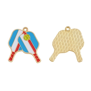 Golden pickleball paddle charms with colorful enamel stripes and textured metal back