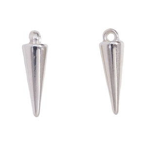Close-up of polished silver cone spike pendants with top hanging loops for jewelry making