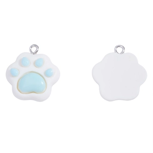 Front and back view of blue resin cat paw pendants with silver metal hanging rings