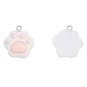 Detailed front and back views of a pink and white resin cat paw pendant with metal ring