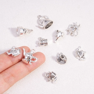 Miniature vintage silver alloy teapot charms for jewelry making with tea time engraving