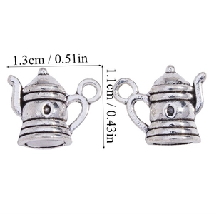 Detailed dimensions of antique silver teapot charms for DIY jewelry making