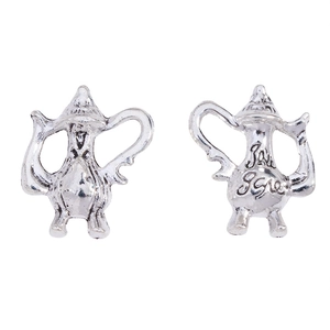 Detail of silver teapot earrings featuring realistic spouts, handles, and vintage engraving