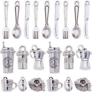 Miniature retro silver coffee and cutlery charms for DIY jewelry making set