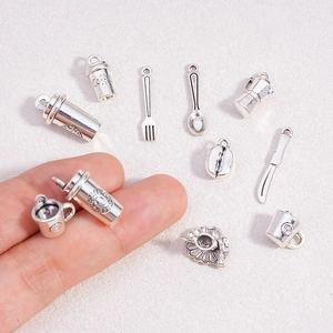 Antique silver coffee charm set with cups and beans for DIY jewelry making