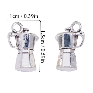 Detailed view of silver moka pot pendants with dimensions 1.5cm height and 1cm width