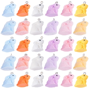 Set of colorful flocked resin rabbit charms with metal rings for DIY jewelry making