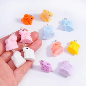 Colorful flocked rabbit charms for DIY jewelry and keychain accessories in pastel colors