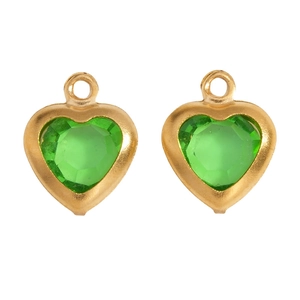 Detailed view of heart-shaped green crystal pendants with elegant gold-plated metal borders