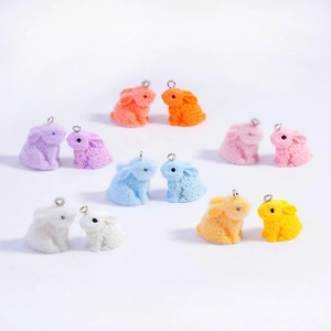 Cute flocked resin bunny pendants in vibrant colors with silver rings for jewelry making