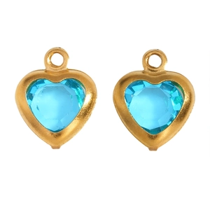 Detail view of heart-shaped sky blue glass pendants with gold stainless steel settings