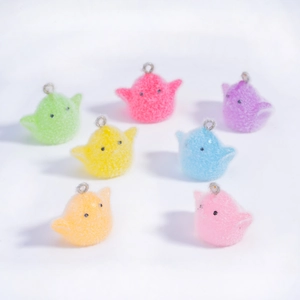Set of seven colorful flocked bird charms with silver metal rings for DIY keychains