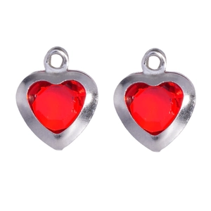 Polished silver heart charms with red faceted glass for DIY jewelry making