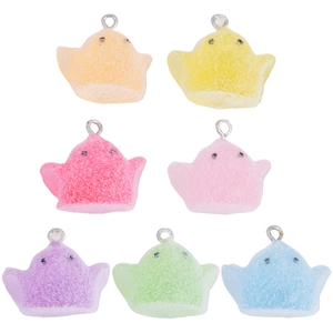 Set of 7 colorful flocked chick pendants with silver metal rings for jewelry making