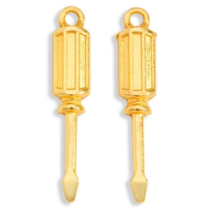 Detail of golden screwdriver shaped metal pendants for DIY jewelry crafting accessories
