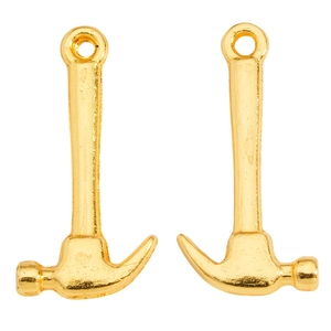Detailed macro view of two golden hammer pendants for DIY jewelry making and necklaces