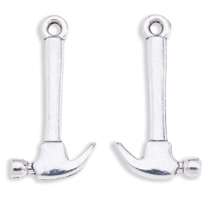 Silver alloy hammer charms for jewelry making, 2-piece set of tool-shaped pendants