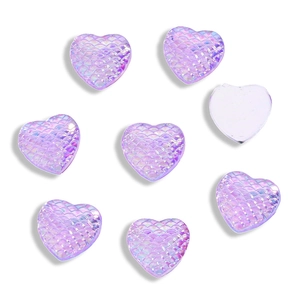 Detail of 12mm iridescent purple heart cabochons with fish scale texture and flat back