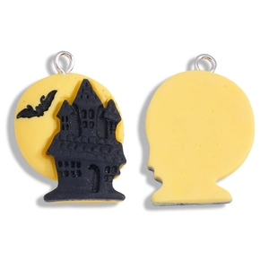 Gothic Halloween resin pendant featuring a black bat and castle silhouette on a yellow moon
