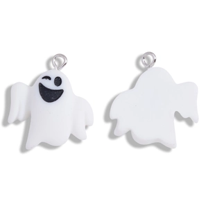 Front and back view of white resin ghost charms with playful expressions for DIY jewelry