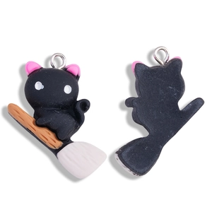 Detailed front and back view of Gothic black cat on broomstick DIY resin charms