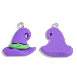 Detailed macro view showing front and back of purple resin witch hat charms with green belts