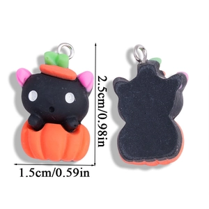 Front and back detail of Gothic Halloween black cat in pumpkin resin pendant with dimensions
