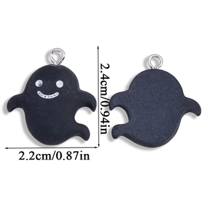 Gothic ghost resin charms showing front white smile and back view with dimensions