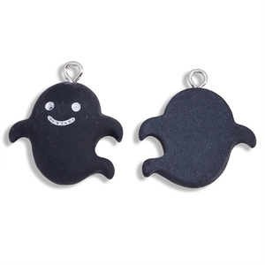 Front and back view of black resin ghost charms with white smiling faces for DIY jewelry