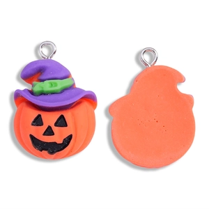 Detail of Halloween resin pumpkin charm with purple wizard hat and silver jump ring