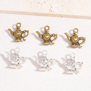 Vintage 3D alloy teapot charms in bronze and silver finishes with heart relief pattern