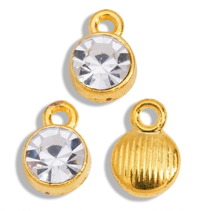 Three pieces of crystal rhinestone pendants in gold round base showing front and back views