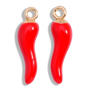 Pair of vibrant red chili pepper alloy charms with polished enamel and gold hanging loops