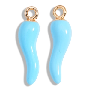Detailed view of light blue enamel horn pendants with gold loops for DIY jewelry making