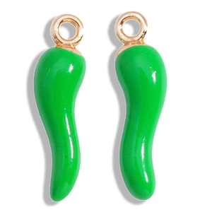 Detail of lime green pepper charms with gold rings for DIY jewelry and necklaces