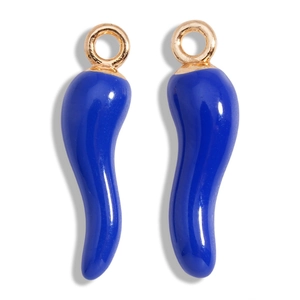 Detail view of blue enamel chili pepper charms with golden loops for jewelry making