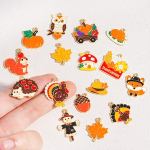 Handmade Thanksgiving alloy charms set featuring colorful pumpkin, turkey and owl motifs
