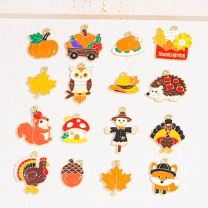 16pcs Thanksgiving enamel charm set featuring pumpkin maple leaf and fox for DIY jewelry