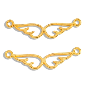Detail of hollow golden wing alloy connector pendants with double rings for DIY jewelry
