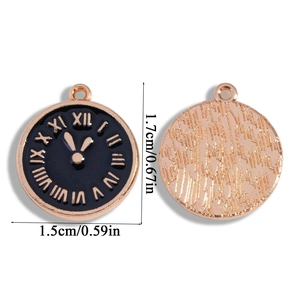 Rose gold alloy clock charm with black enamel and Roman numerals, size 1.5x1.7cm