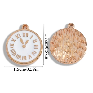 Detailed view of rose gold clock charms with white enamel and roman numerals